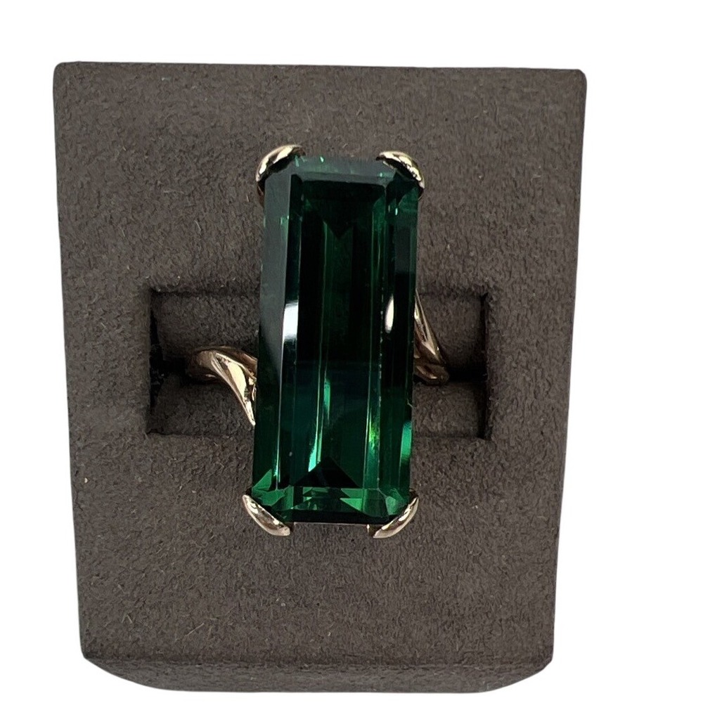 13.5ct Emerald Cut Green Tourmaline Ring 14K Yellow Gold Large Estate Cocktail‎